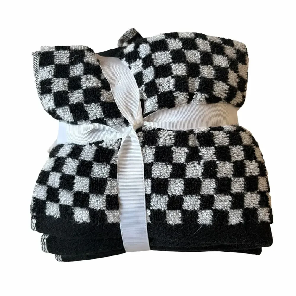 6pc Chic Black & White Checkered Towel Set- 2 Bath Towels 4 Washcloths Cotton